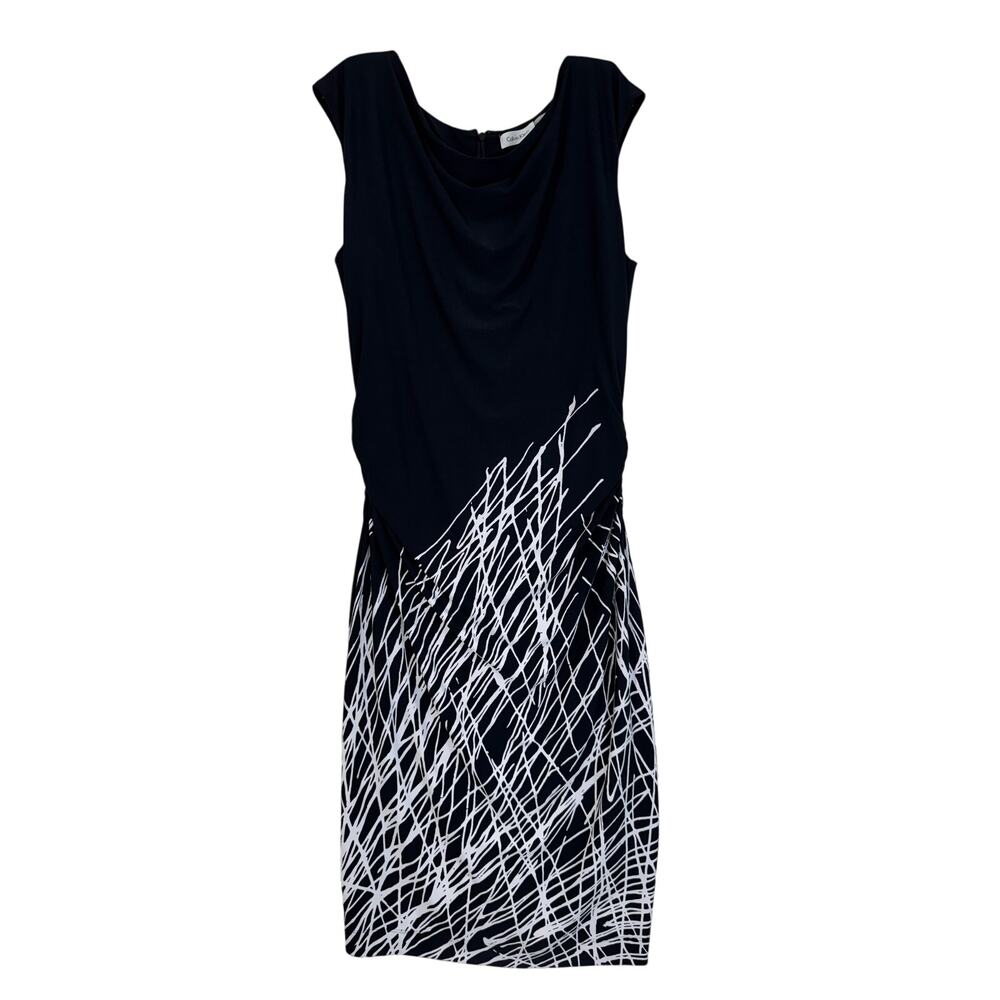 Calvin Klein Black/White Abstract Print Midi Sleeveless Dress Cowl Neck Size 10